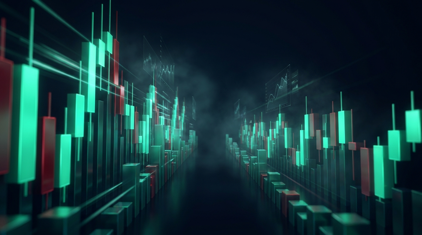 Two parallel canyons of glowing teal candlestick towers running into the distance, one taller and faster than the other, representing two different index futures
