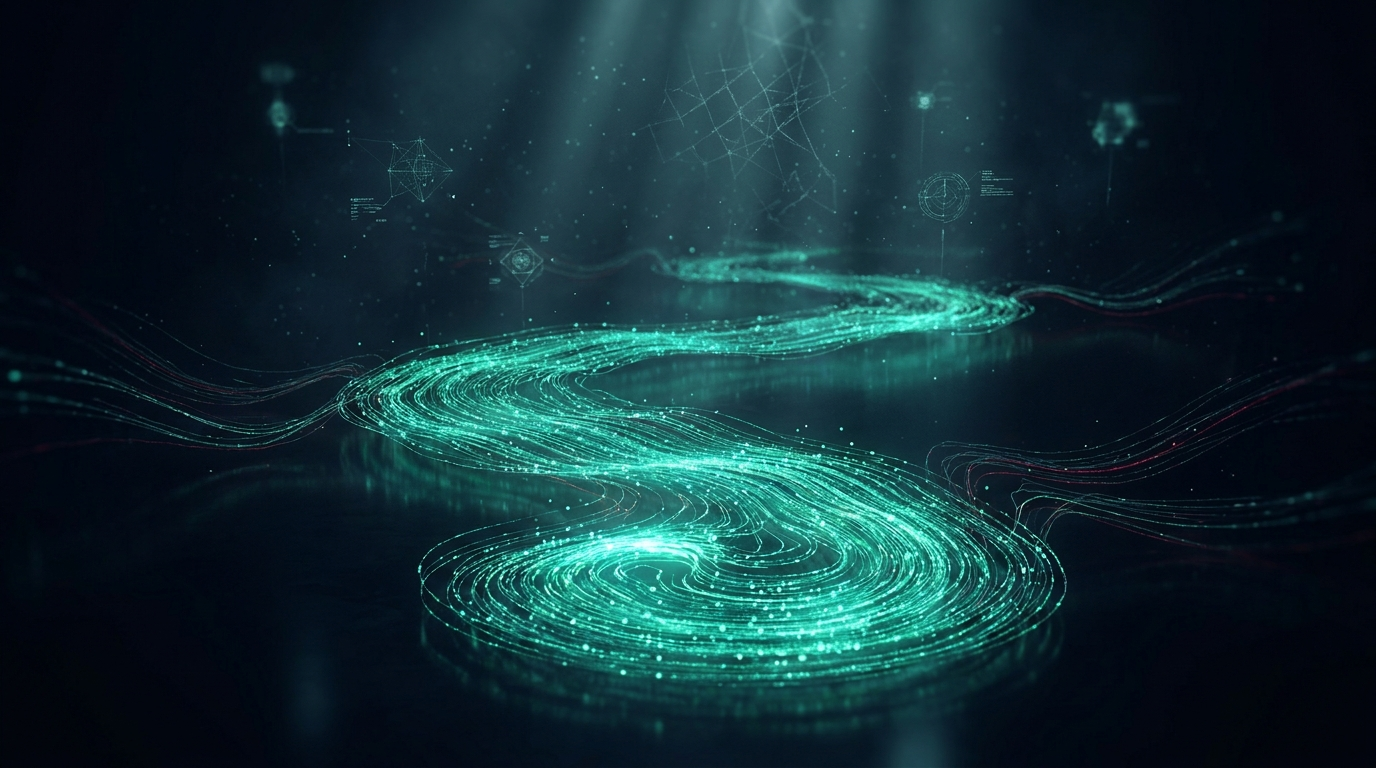 A cinematic render of a wide emerald-teal particle stream pooling into a dense reservoir with thin sparse side streams fading out, representing deep versus shallow options liquidity