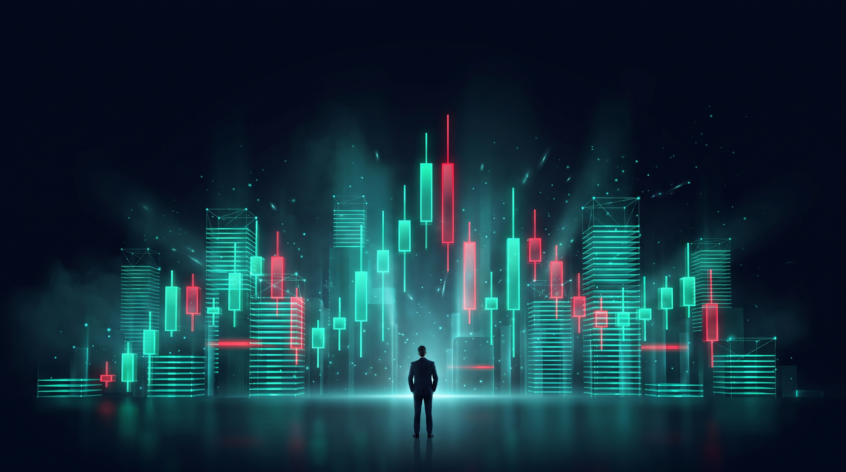 Conceptual render of a night skyline built from towering emerald and crimson candlestick columns banded with stacked glowing layers, a lone figure small in the foreground
