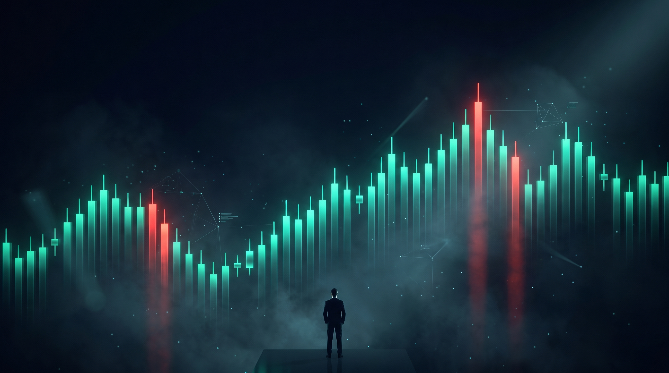 A cinematic nocturnal skyline built from towering three-dimensional candlesticks glowing teal, with a few red towers breaking the pattern, volumetric fog drifting between them, and a lone suited figure small in the frame shot from behind