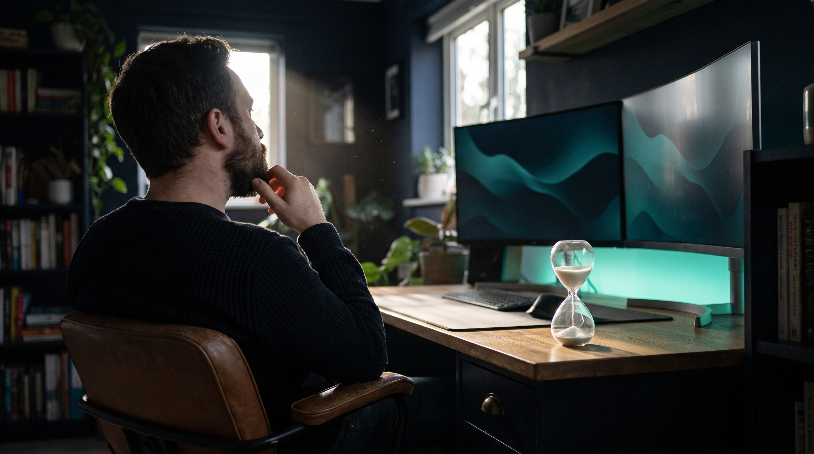 A man seen from behind at a home trading desk in late afternoon light, hand on his chin, with a small glass hourglass running on the desk beside two monitors glowing teal