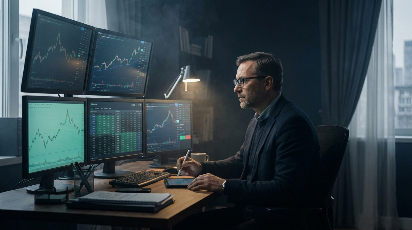 A trader at a dark multi-monitor desk studying an options chain lit in teal-green, representing option delta and directional exposure