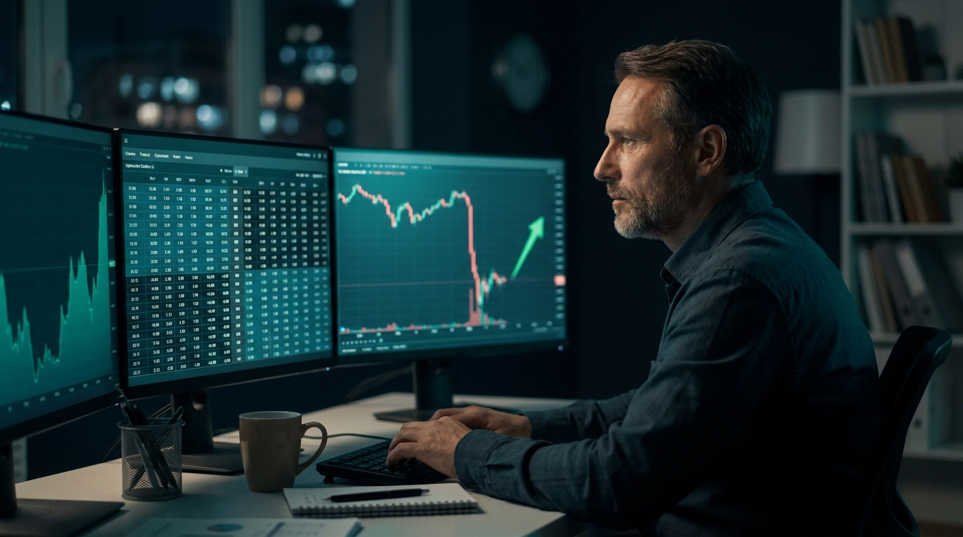 A trader at a multi-monitor desk at night studying an options chain and a stock chart with a sharp post-earnings price gap, lit by a soft emerald-teal glow