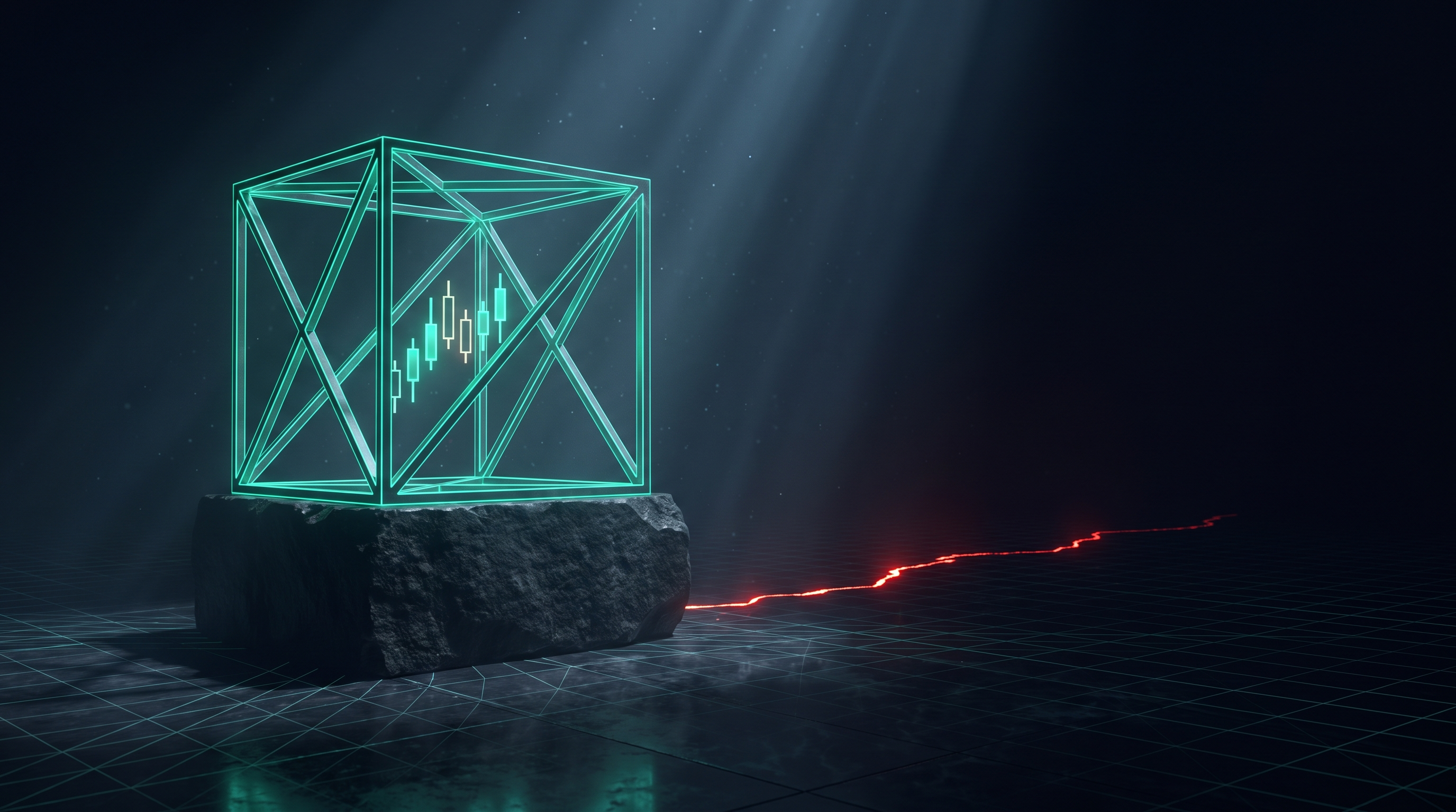 A glowing teal wireframe cage enclosing a cluster of floating candlesticks on a dark stone plinth, with a thin red crack of light running off unbounded across a dark reflective floor