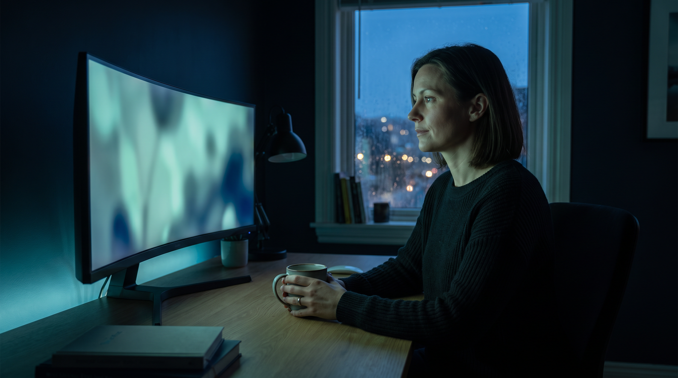 A trader sits alone at a desk in a dark navy home office before dawn, holding a coffee mug and watching a curved monitor that glows soft teal, with city lights visible through a rain-dotted window behind her