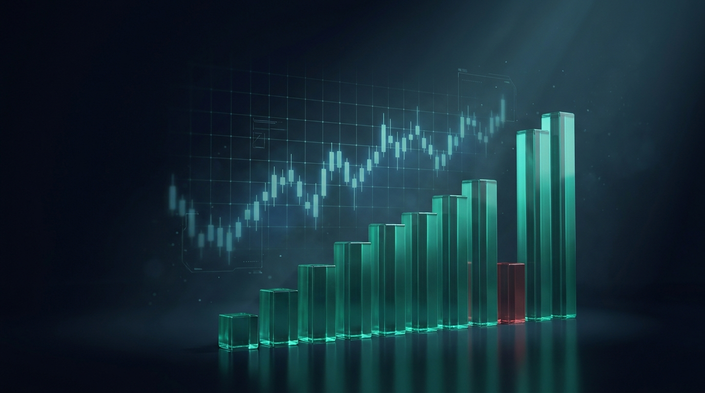 A cinematic render of precisely sized glowing teal glass columns arranged in order, representing measured options position sizing
