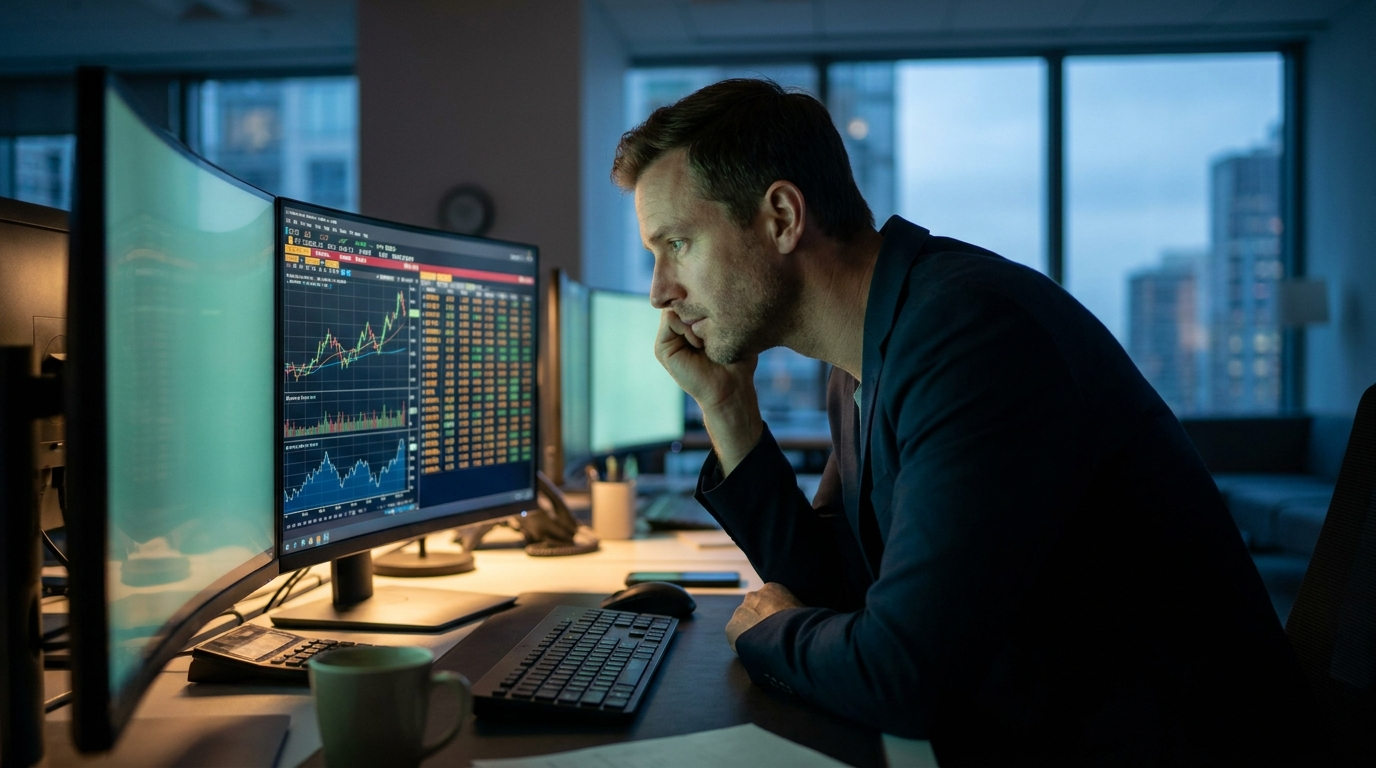A trader at a multi-monitor desk studying options charts and an options chain on screen, representing funded options trading programs