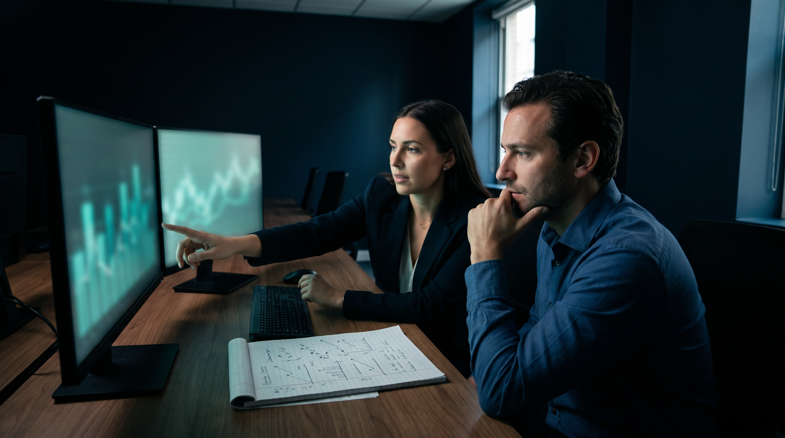 Two traders at a shared desk in a dark navy office, a woman pointing at one of two monitors showing soft teal chart shapes while a man beside her rests his chin on his hand, thinking, with a notepad of hand-drawn sketches between them