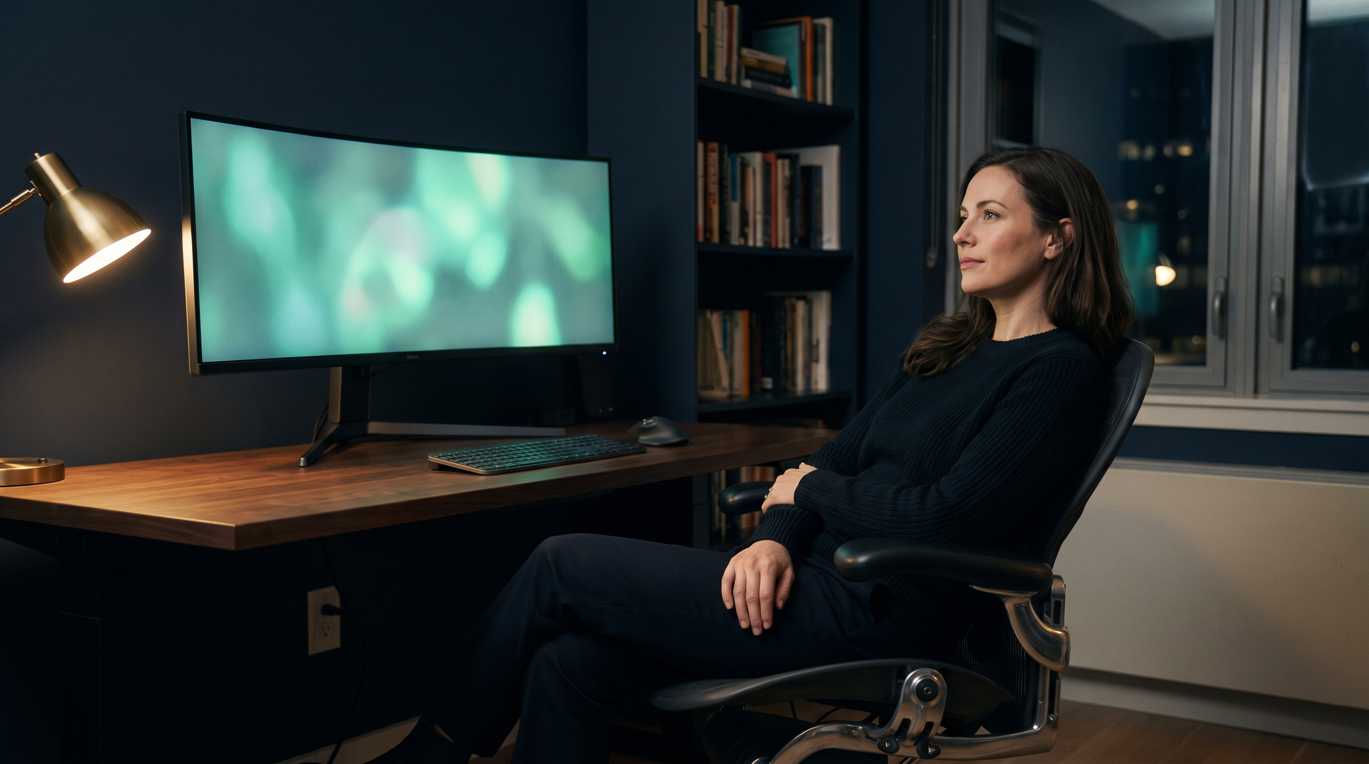 A trader sitting back in a chair at a dark navy home office desk at night, arms folded, studying a single wide monitor lit with soft teal light