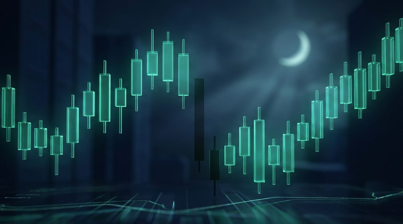 A cinematic render of a glowing teal chart with a gap across a shaded closed period under a crescent moon, representing overnight gap risk