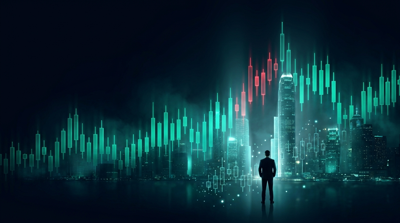 A nocturnal skyline of glowing teal candlestick towers split by a visible gap where a cluster of towers jumps higher, representing a futures overnight gap