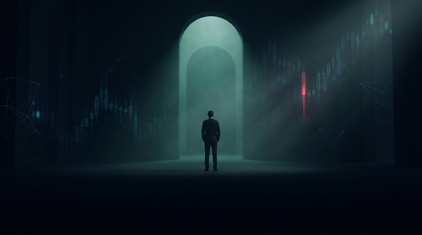 A lone figure in a suit standing still in a vast dark hall facing a distant glowing teal doorway, representing patience while waiting for a trading setup