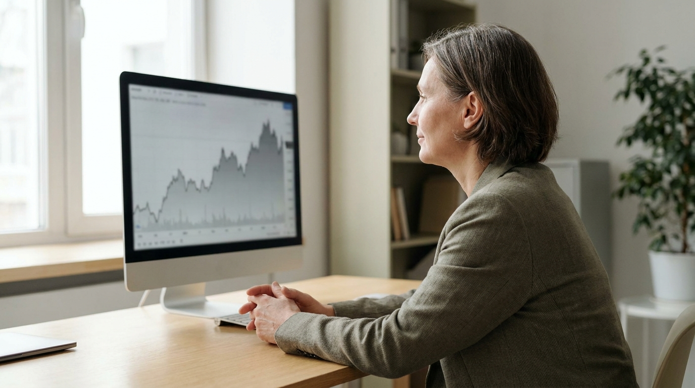 A patient trader sitting back calmly at a tidy desk, watching a single muted chart