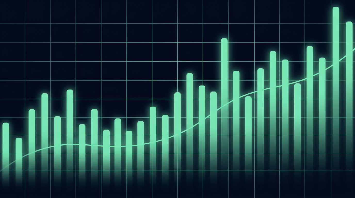 Abstract mint grid on deep navy with stylized equity price bars and a single ascending price line