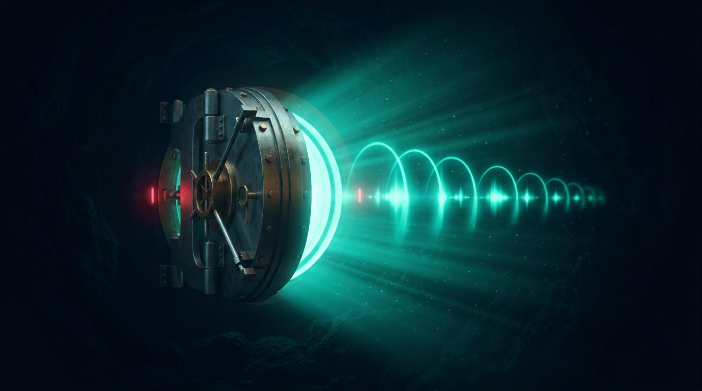 A large circular vault door slightly open with emerald light spilling out and a rhythmic row of glowing teal arches receding into a dark cavernous navy space