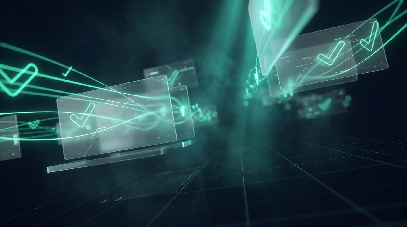 Translucent glowing digital statement panels floating over a dark grid with teal data lines and abstract check marks, no readable text