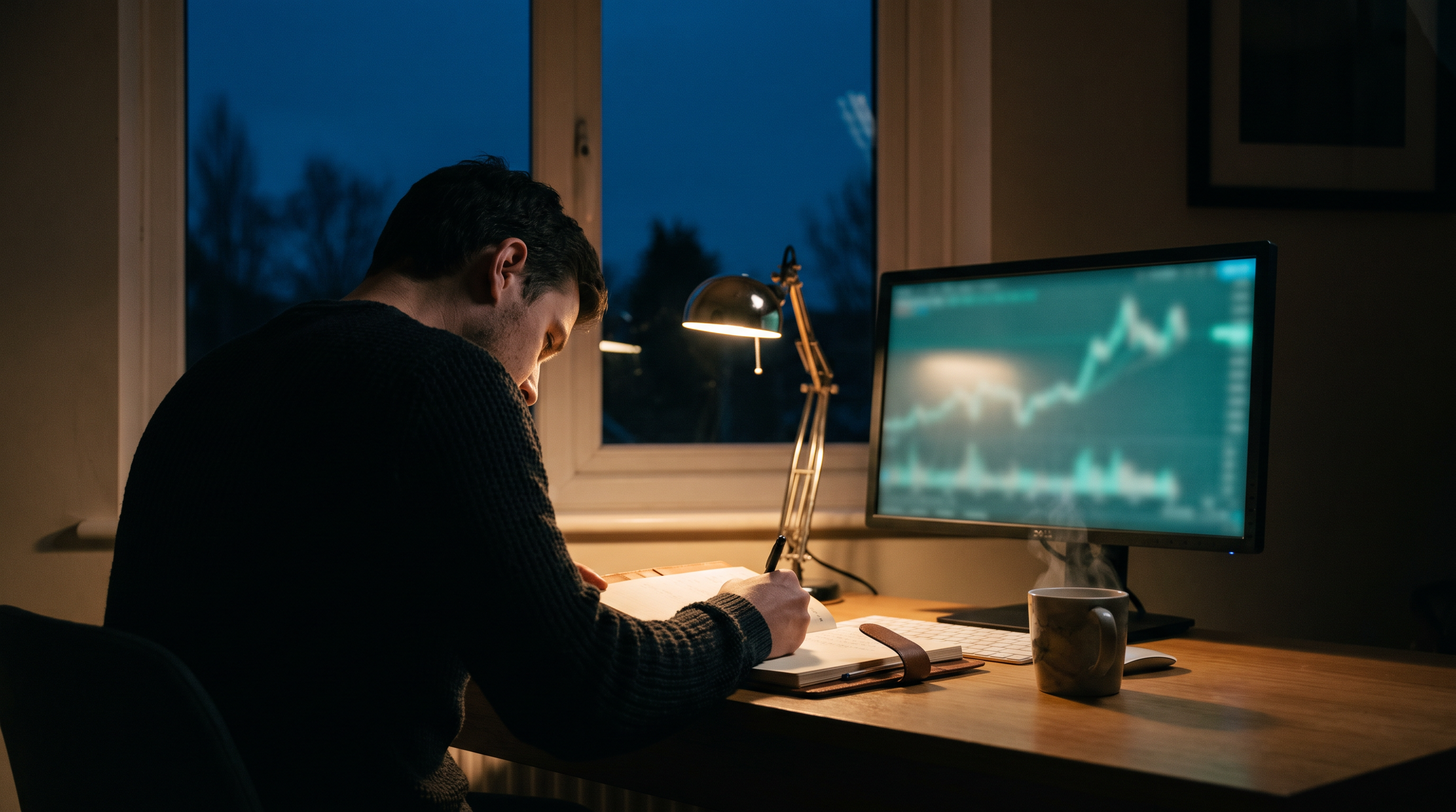 A trader writing in a paper notebook under a desk lamp in a dark home office before dawn, with a monitor glowing with a soft teal chart and a mug of coffee on the desk