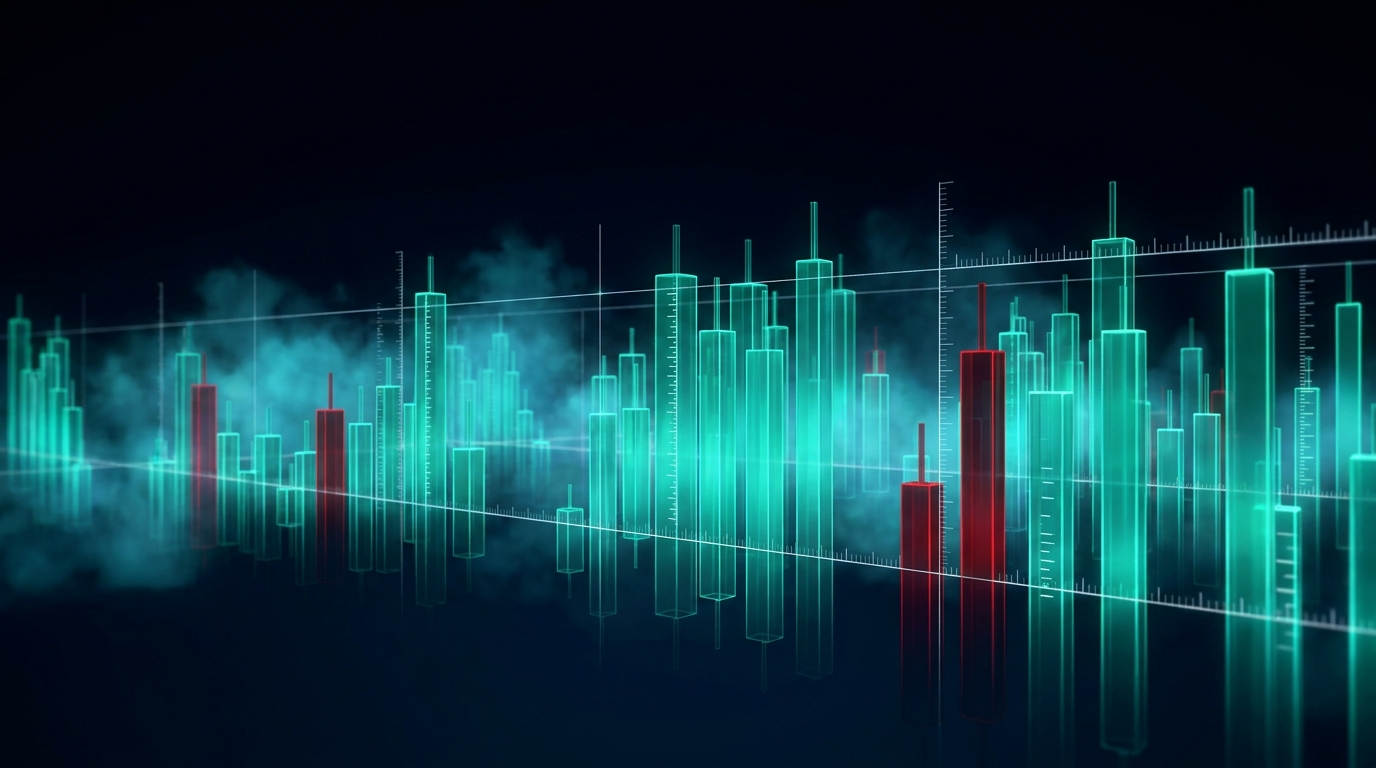 A nocturnal skyline built from glowing emerald and crimson 3D candlestick towers with holographic measuring gridlines on a deep navy background