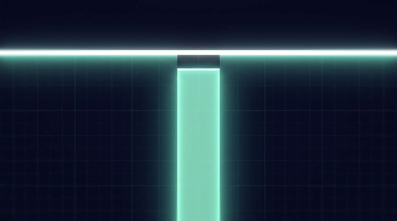 Abstract financial art of a mint teal column rising and stopping just below a bright horizontal ceiling line, on a navy grid