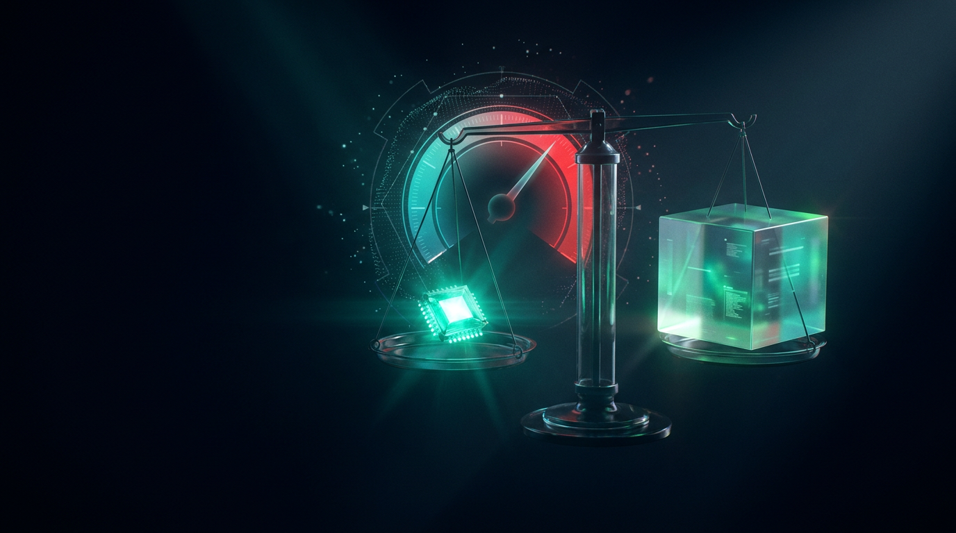A glowing balance beam holding measured stacks of translucent teal data blocks with one small red accent block, in a dark navy data environment