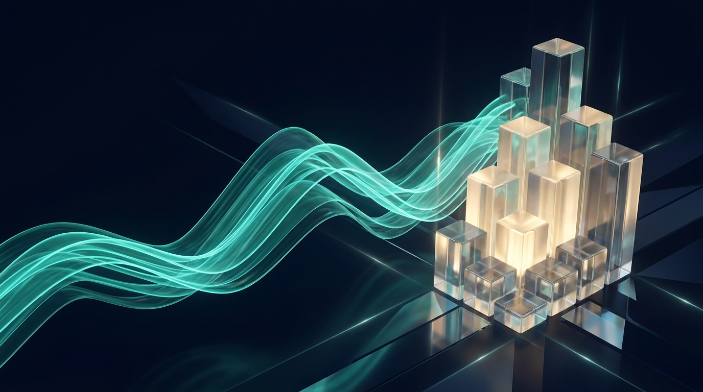 Flowing teal volatility waveform beside controlled candlestick prisms on deep navy