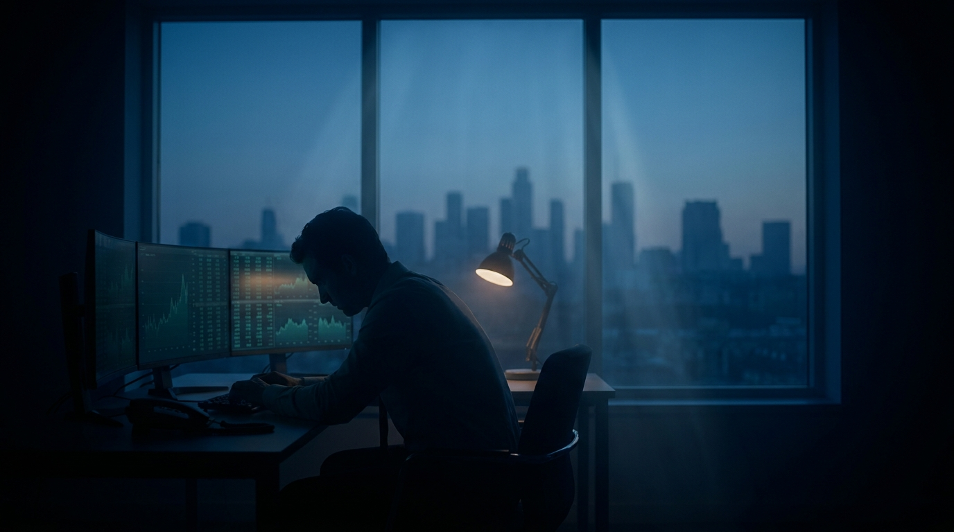 A lone trader silhouette at a desk beside a window before dawn, faint city lights in the distance and monitors glowing teal with early quotes