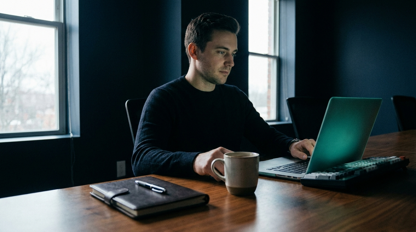 A cinematic photograph of a trader calmly preparing at a desk before the market opens, representing a pre-market routine