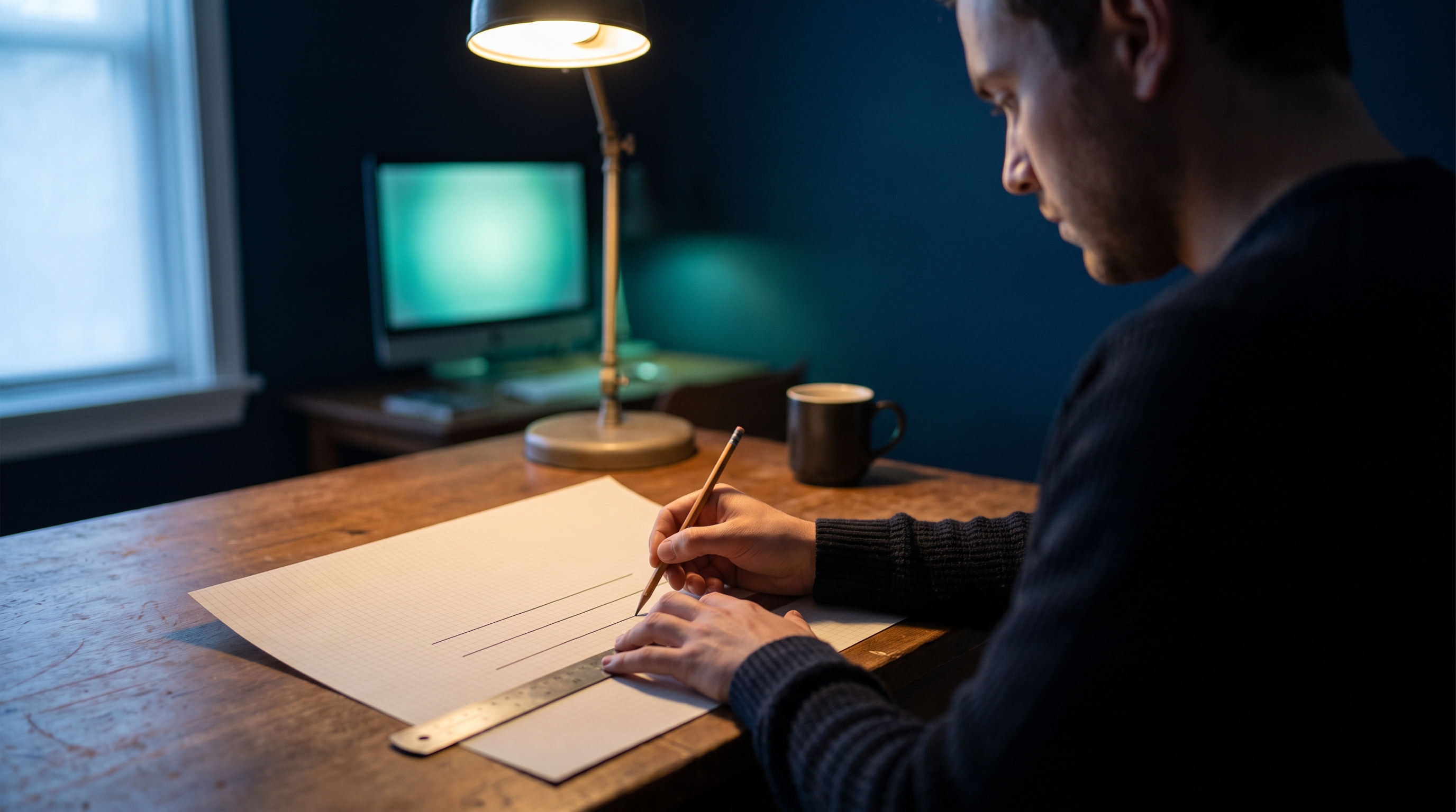 A trader in a dark sweater at a wooden desk before dawn, drawing three straight horizontal pencil lines on grid paper with a metal ruler under a desk lamp, a monitor glowing teal-green in the background