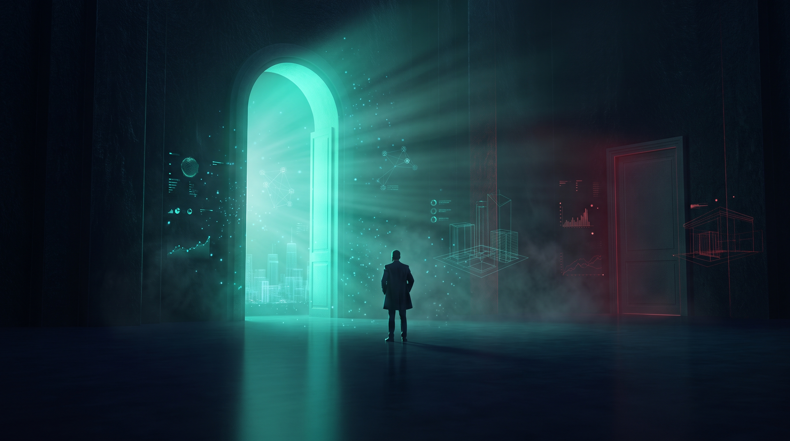 Conceptual render of a lone suited figure seen from behind facing a towering open archway of teal light in a dark hall, with a second sealed doorway edged in faint crimson beside it