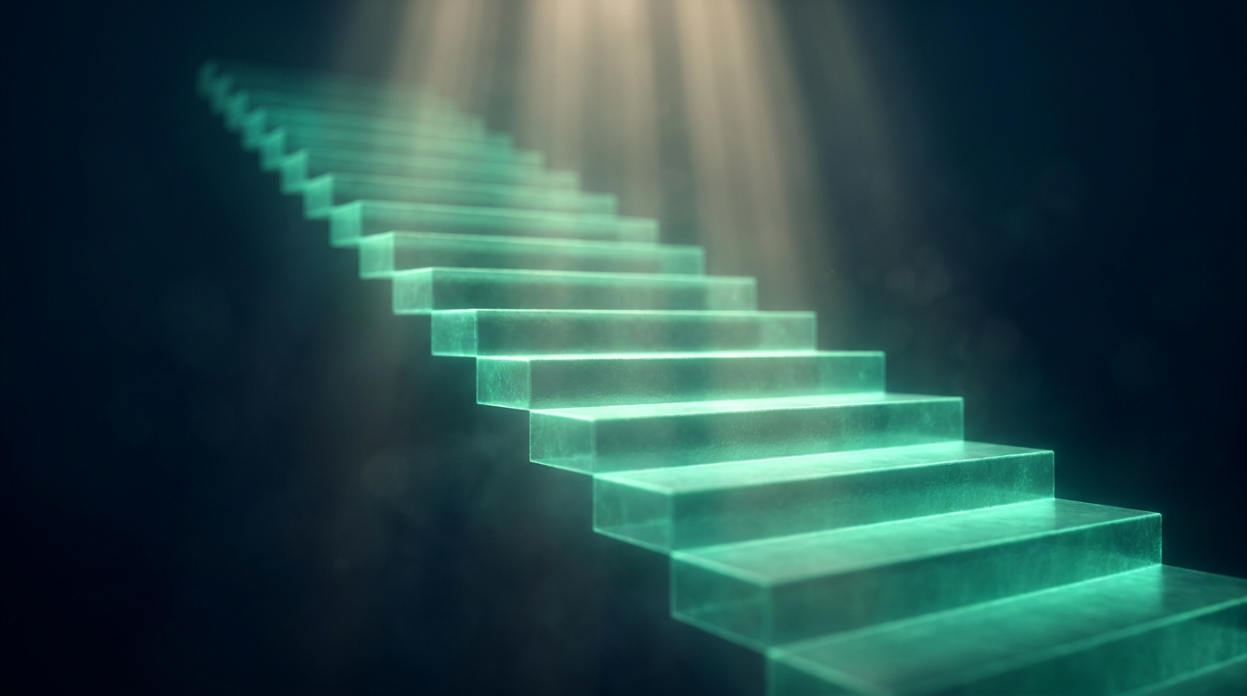 A cinematic render of a glowing teal ascending staircase of even steps rising toward light, representing process goals over outcome goals