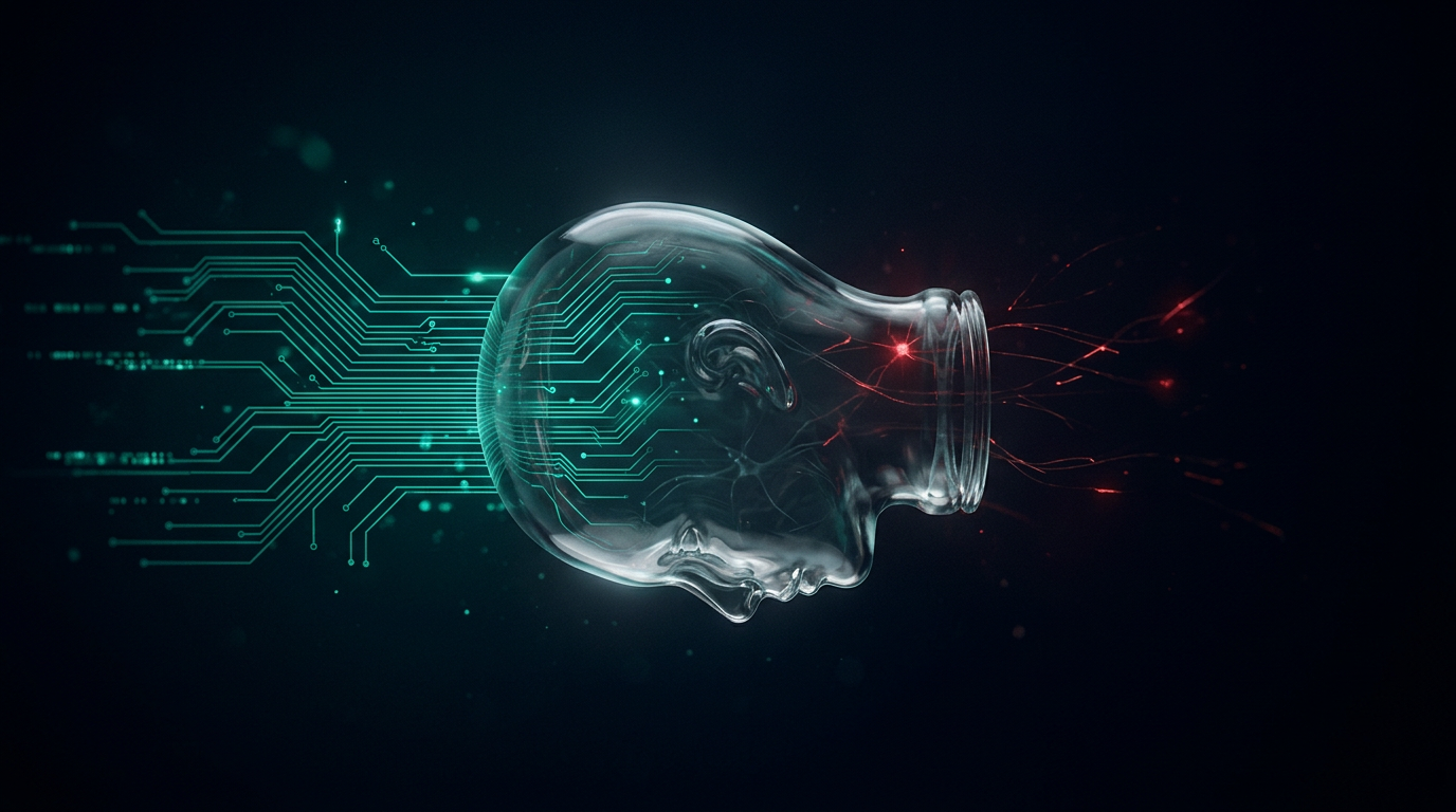 A cinematic render of a translucent glass head with calm teal circuit traces on one side and fading red sparks on the other, representing process over emotion in trading