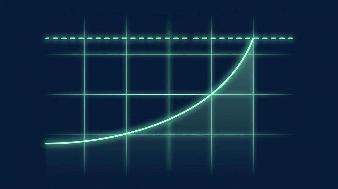 Abstract art of an ascending line approaching a marked target level, in mint teal on navy
