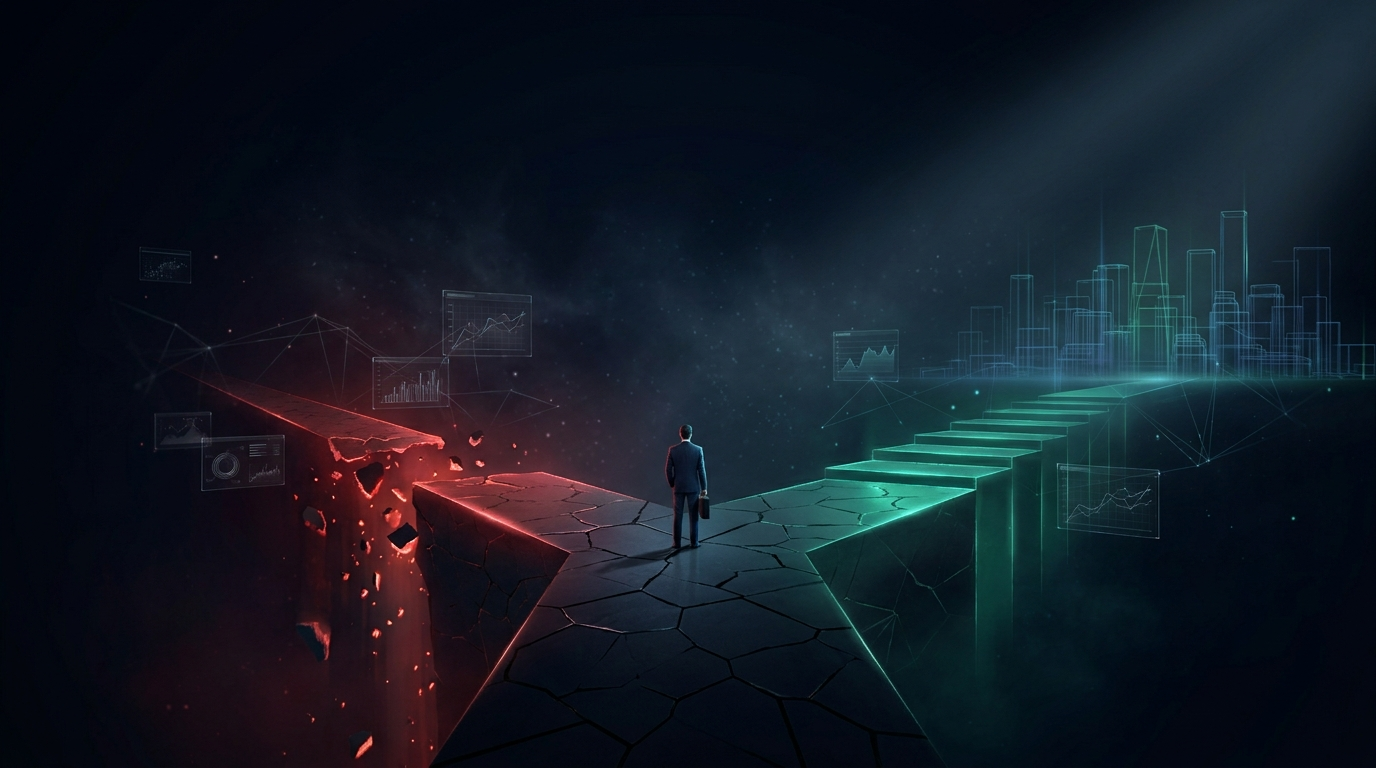 A cinematic render of a lone figure at a fork where a red crumbling path diverges from an orderly rising teal path, representing the pass or fail outcome of a prop firm evaluation