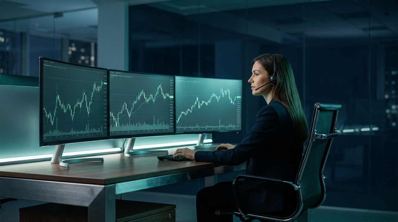 A trading support specialist at a desk with teal market charts, representing real human prop firm support
