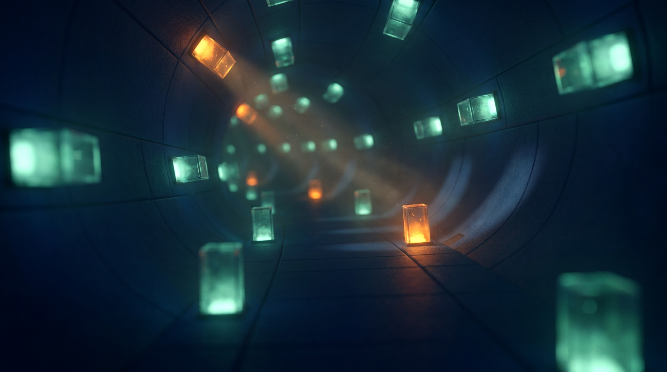 A cinematic render of a dark corridor of glowing markers, most teal but a few warning amber, representing spotting prop firm red flags