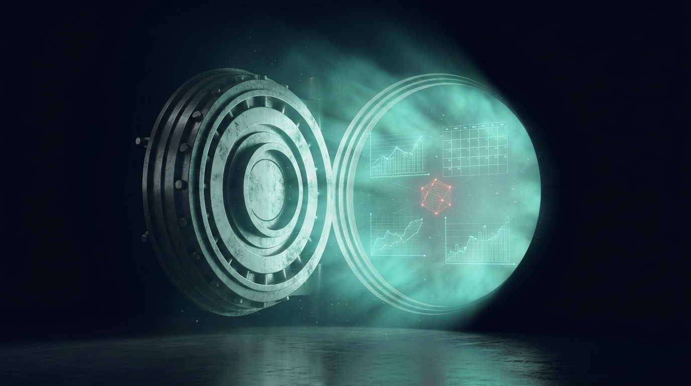 A cinematic render of a glowing teal vault door opening with a floating weekly calendar grid, representing a prop firm with weekly payouts
