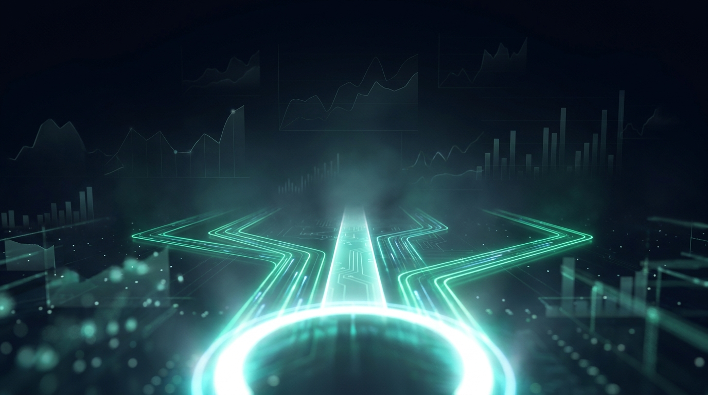 Glowing teal data pathways branching from a bright gateway of light, representing multiple routes to funded trading capital