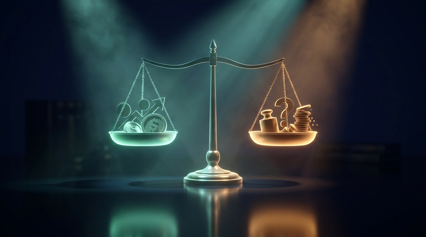 A cinematic render of a glowing balance scale, one side teal and one side amber, representing the pros and cons of funded accounts