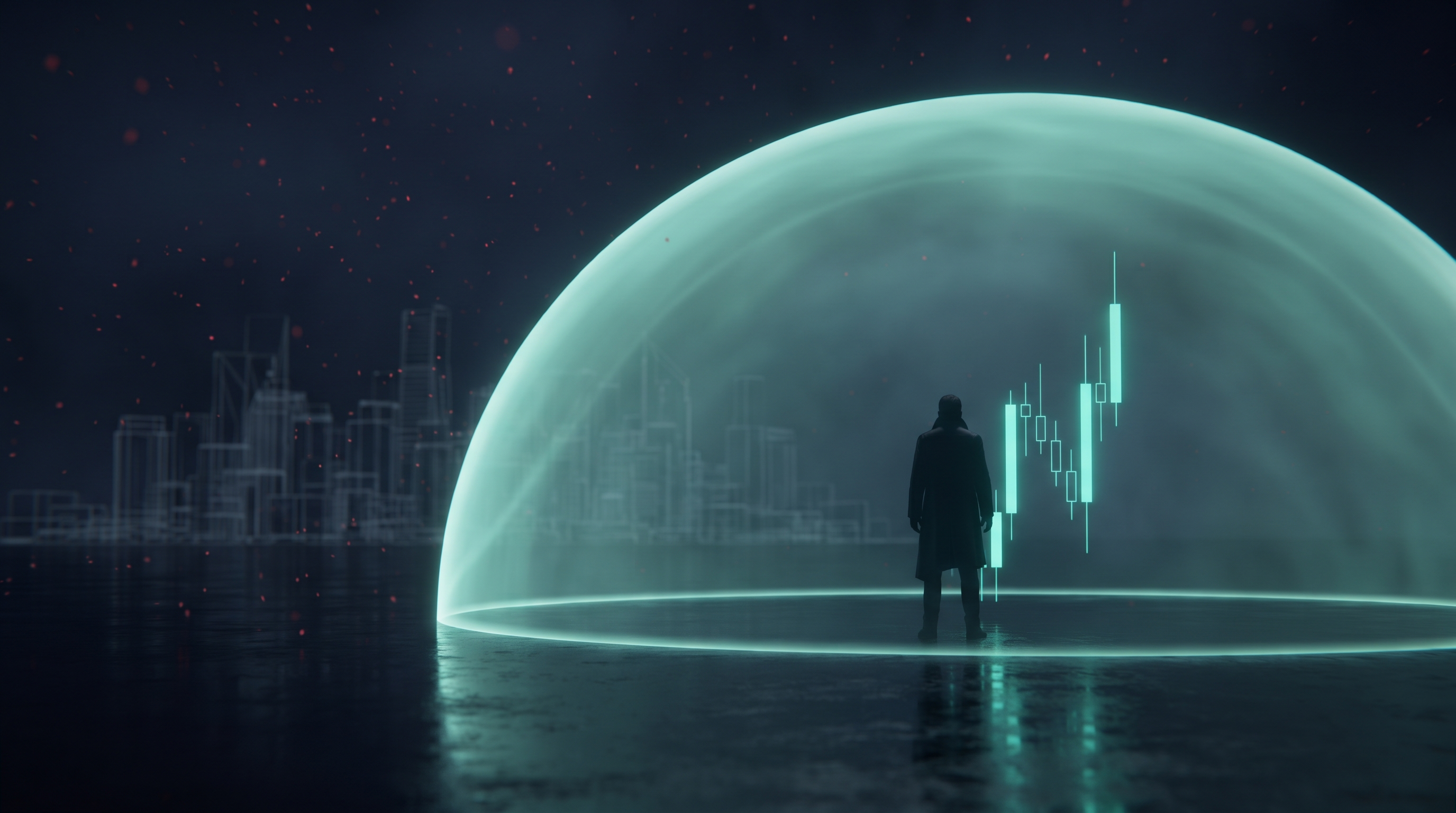 A lone figure in a dark coat stands inside a tall translucent dome of soft teal light beside a glowing teal candlestick chart, while faint red particles fall outside the dome over a dark wireframe city skyline