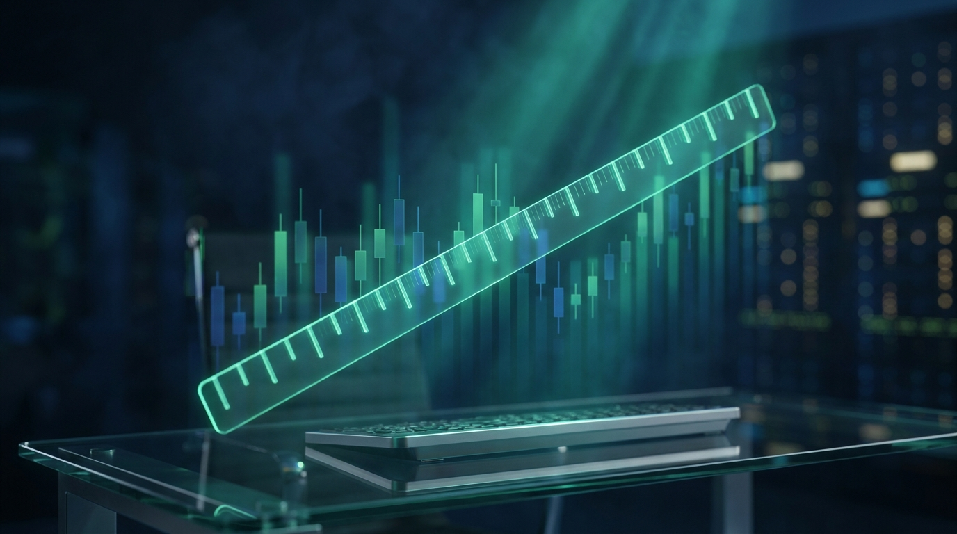 A cinematic render of a glowing teal measuring ruler across a candlestick chart, representing measuring trades in R-multiples of risk