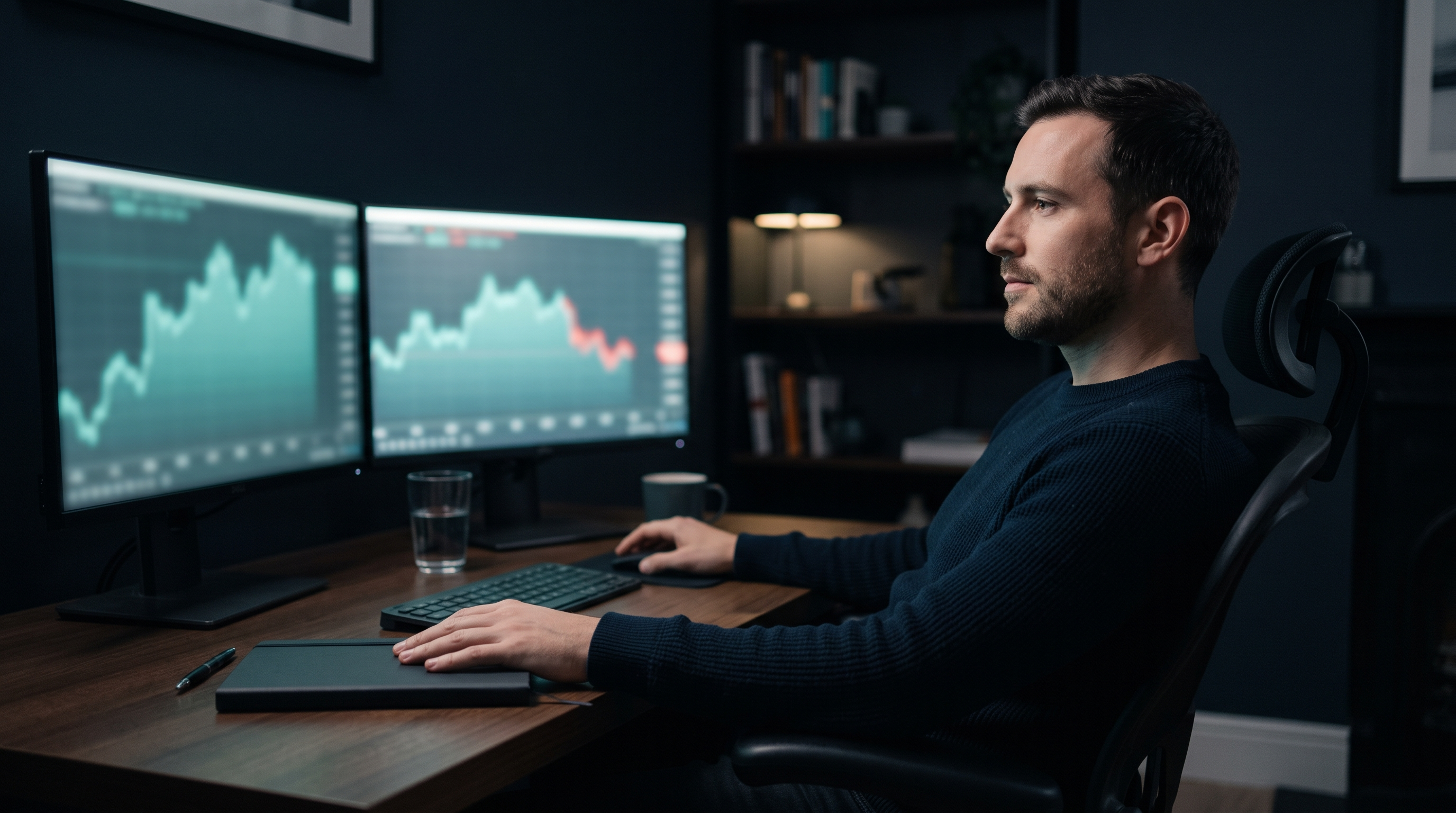 A day trader in a dark home office leaning back from his desk in quiet thought after a stop-out, one hand resting on a closed notebook, two monitors glowing with soft blurred teal chart lines and a small red segment