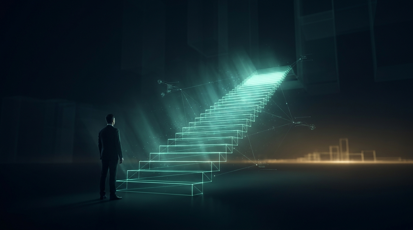 A cinematic render of a glowing teal staircase of light climbing toward a bright horizon with a small suited figure beginning to climb, representing a trader working toward a first funded payout