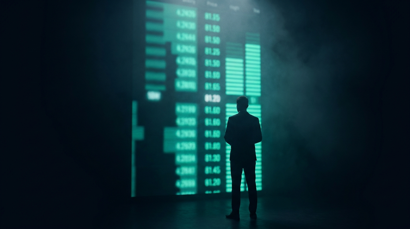 A lone trader seen from behind facing a tall glowing teal price ladder of stacked bid and ask numbers in a dark room