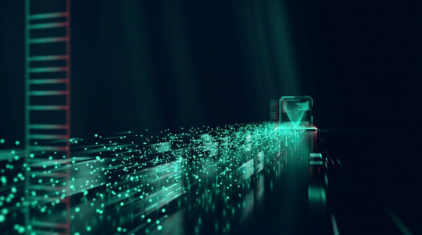 A flowing river of emerald data particles streaming across a dark reflective floor toward a glowing terminal with a faint vertical ladder of light on a deep navy background