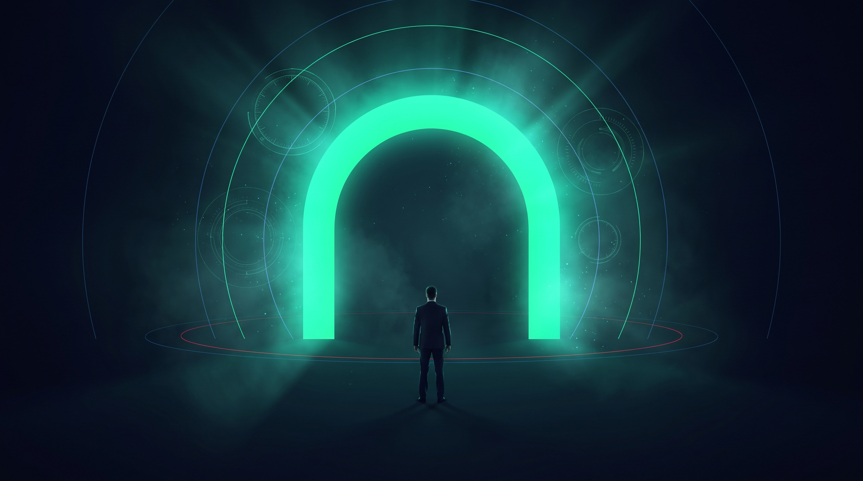 A cinematic render of a lone figure in a suit before a towering emerald archway of light, surrounded by suspended holographic dials and thin boundary lines in a vast dark hall