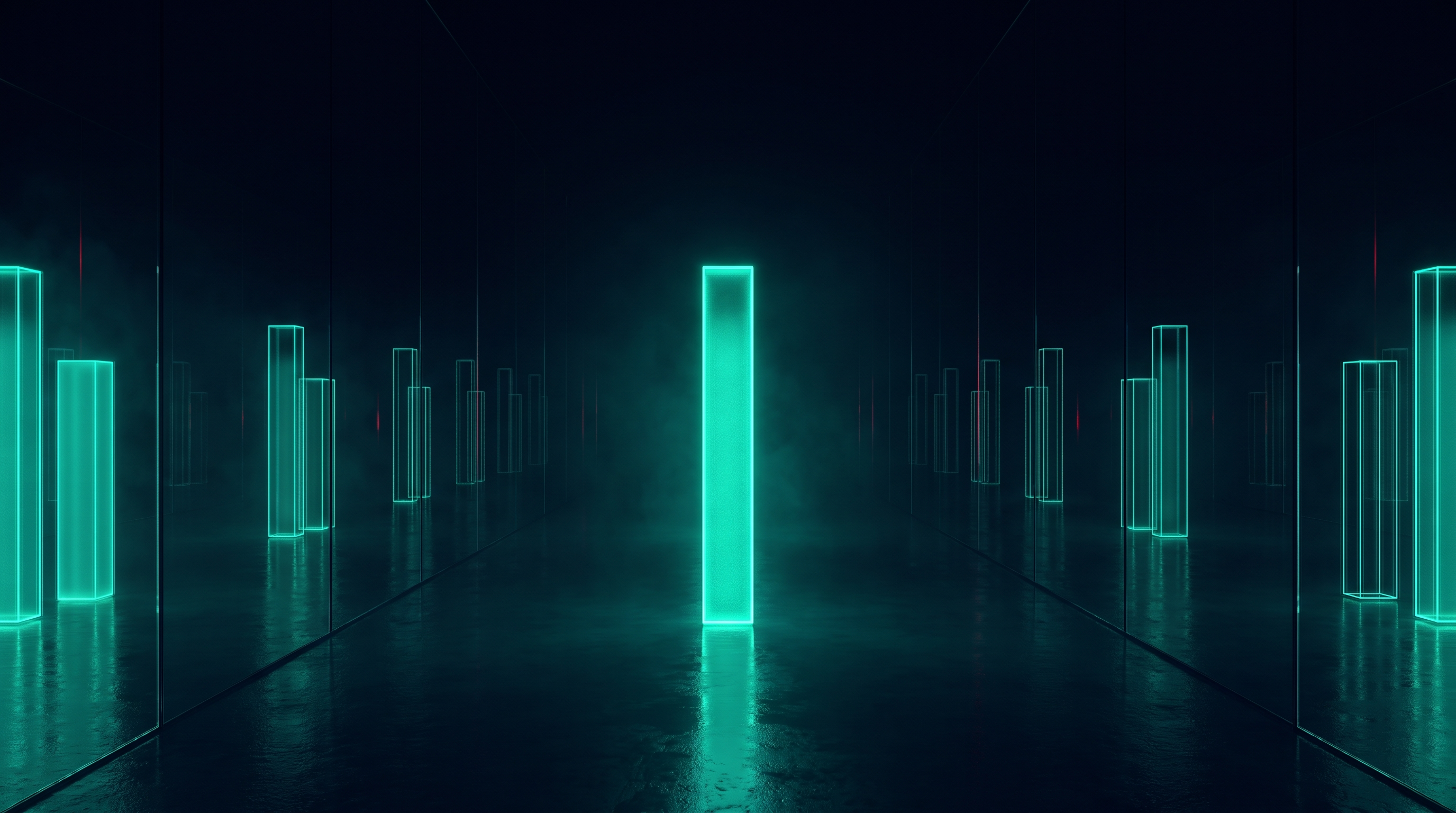 A single solid glowing teal volume bar standing in a dark mirrored corridor, its reflections repeating down both walls as fainter, hollow wireframe copies