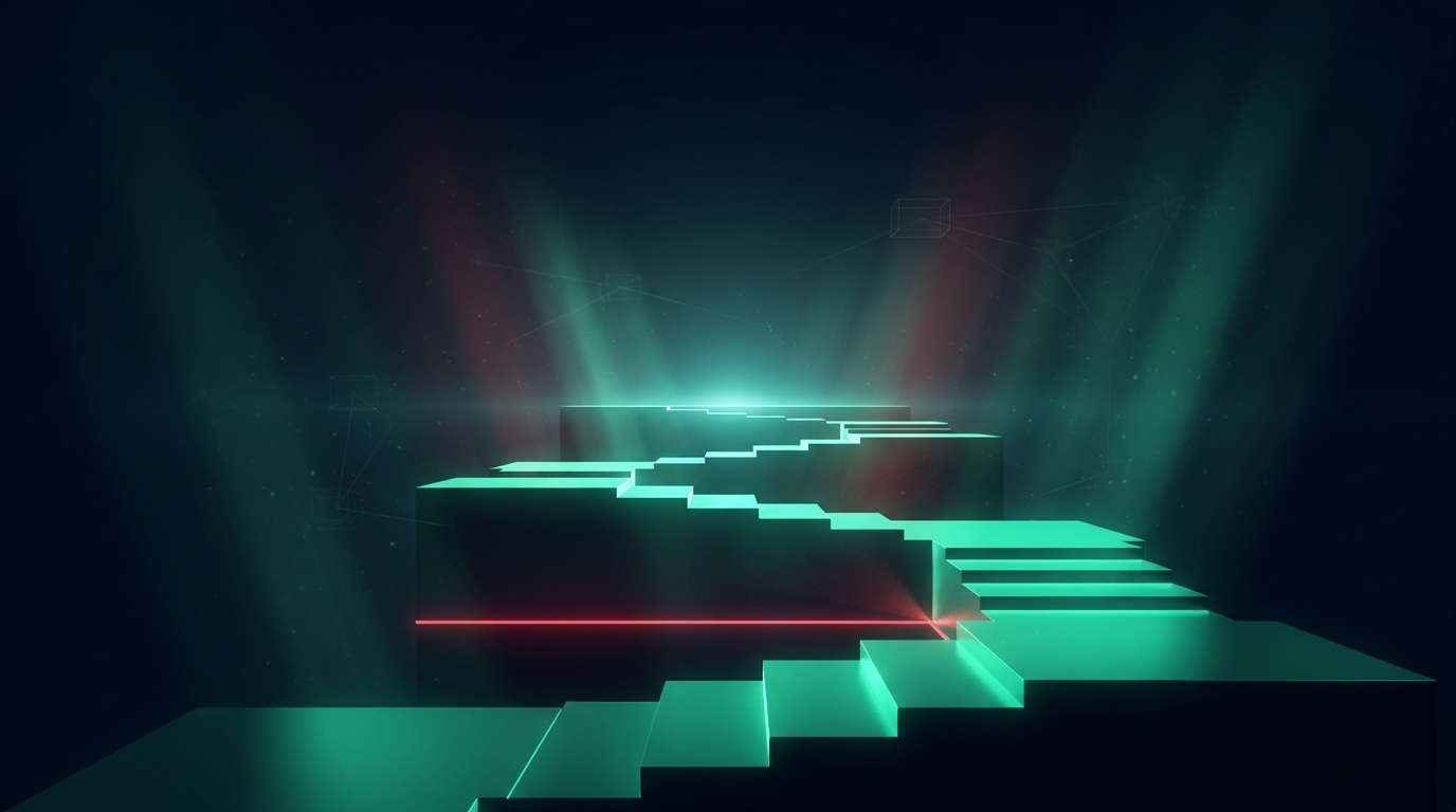 A cinematic render of a glowing pathway dipping into a shadowed low and then climbing in orderly steps toward a bright horizon, representing recovery from a losing week