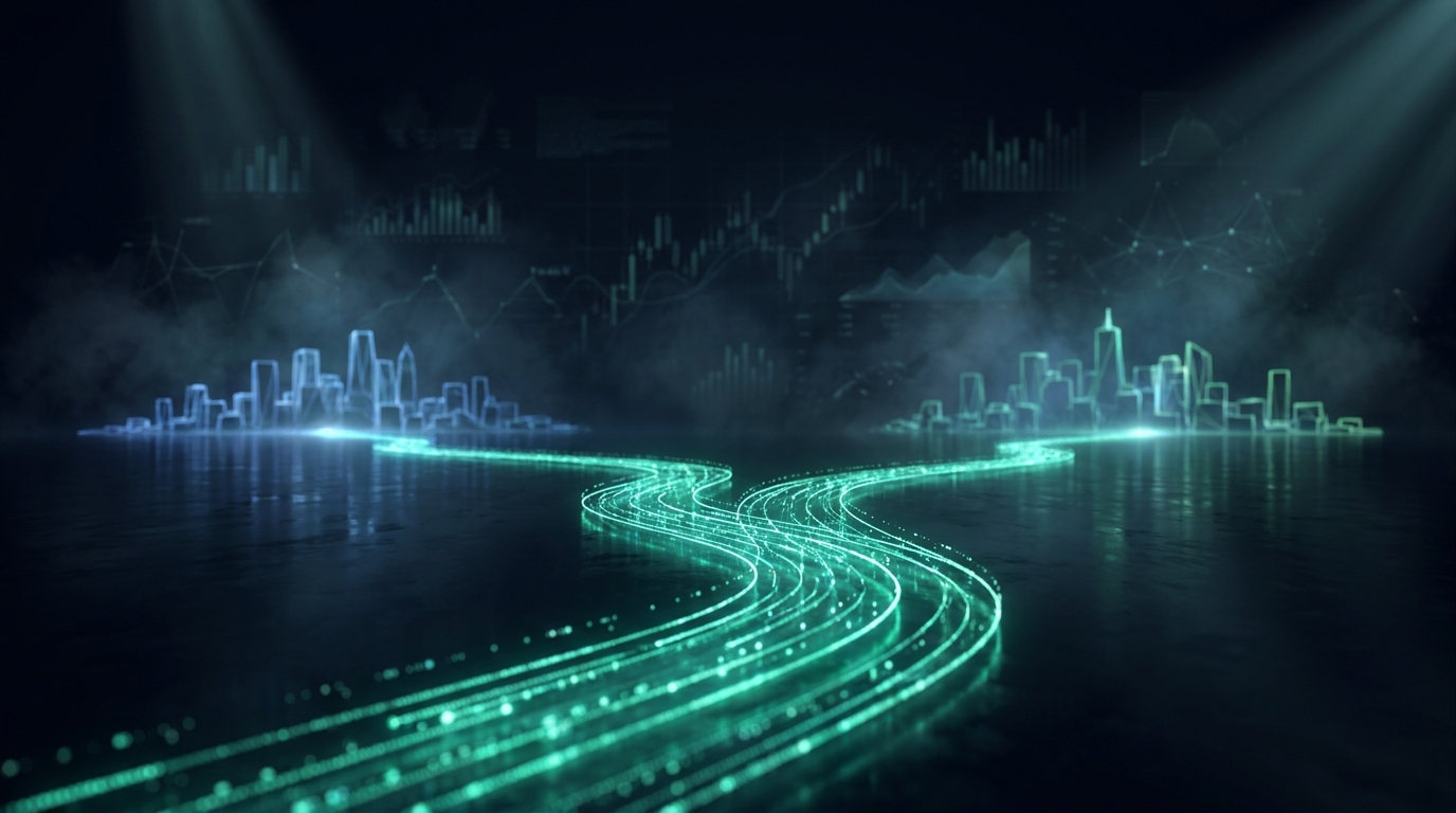 A glowing teal-green river of light splitting into two diverging streams over a dark reflective plane