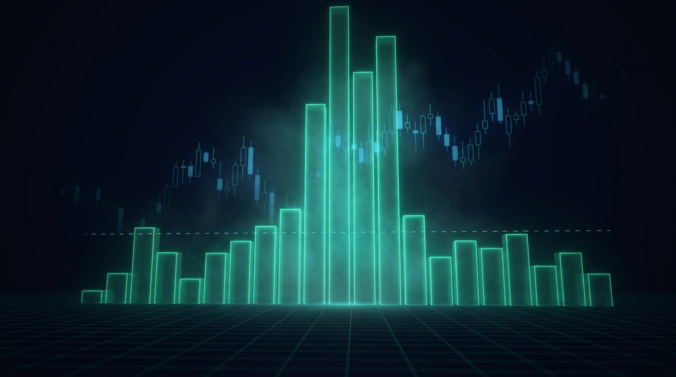 Glowing teal volume bars surging far above a faint average baseline over a dark grid, representing a relative volume spike