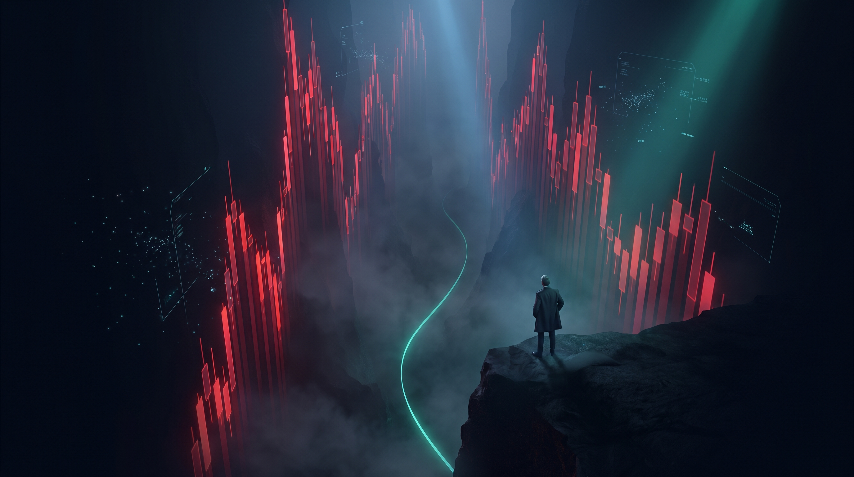 A cinematic view from the rim of a deep canyon formed by descending red candlesticks, with a thin emerald line tracing a small recovery along the canyon floor and a lone suited figure standing small in the frame, shot from behind, looking down into it